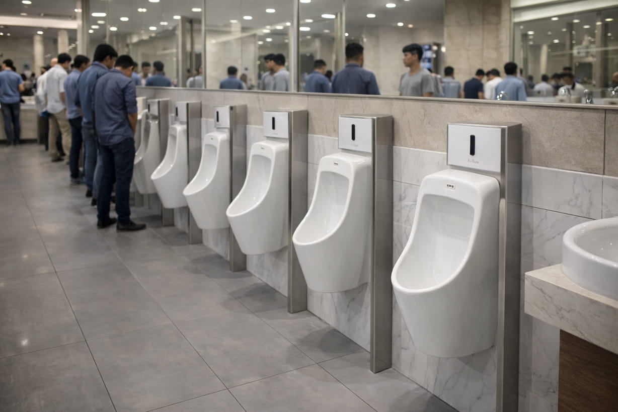 Contemporary men's washroom with a row of white ceramic wall-mounted urinals and stainless steel dividers in a modern commercial restroom.